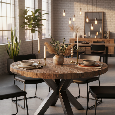 Slipper - Tavolo da Pranzo Rotondo in Legno di Recupero e Ferro