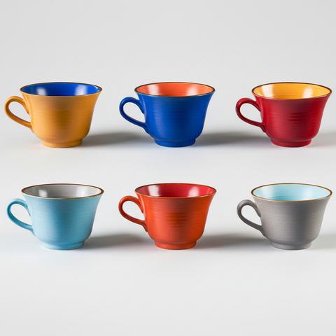 Tazze colorate su sfondo grigio chiaro