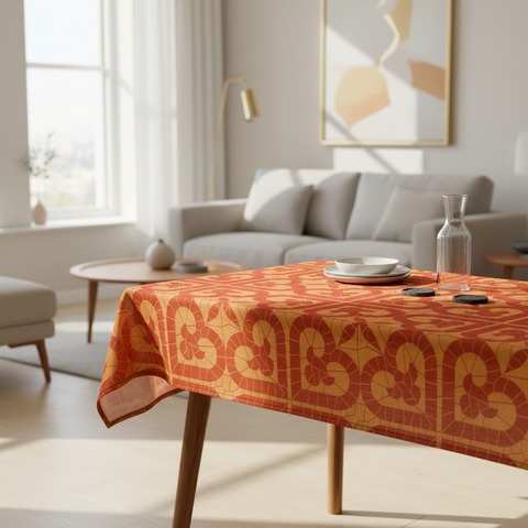 Tovaglia arancione con pattern geometrico dorato su tavolo rettangolare