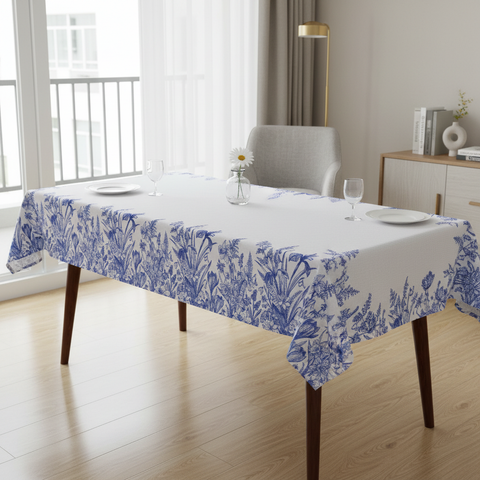 Tovaglia bianca con bordo floreale blu su tavolo rettangolare