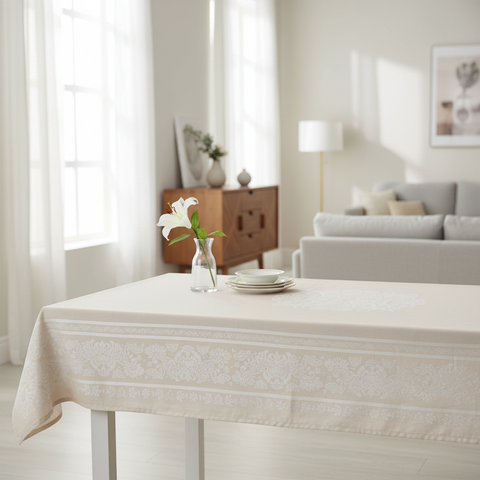Tovaglia bianca con ricami ambientata in appartamento