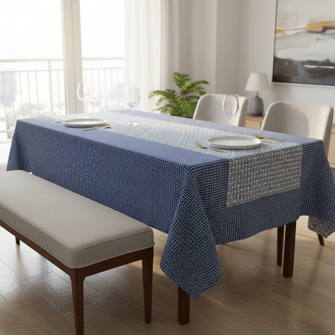 Tovaglia blu navy pattern geometrico su tavolo rettangolare
