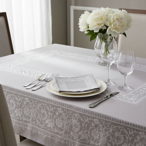 Tovaglia e tovagliolo grigio-argento ambientati