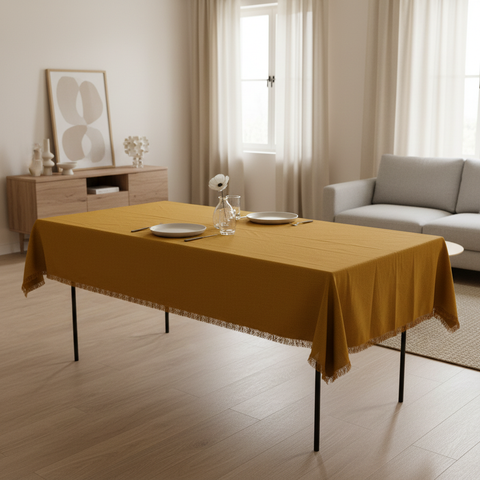 Tovaglia giallo senape con bordo sfrangiato su tavolo rettangolare