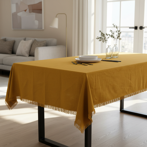 Tovaglia giallo senape con bordo sfrangiato su tavolo rettangolare