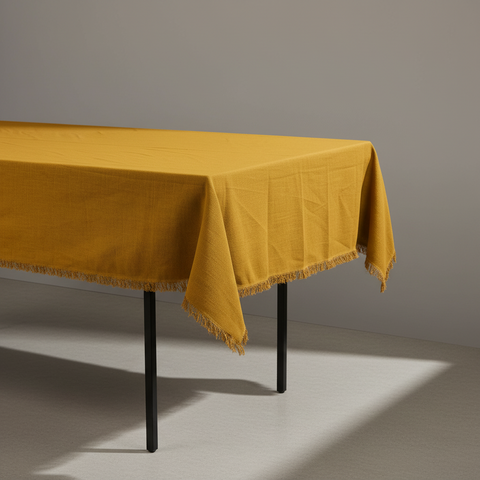 Tovaglia giallo senape con bordo sfrangiato vista angolare