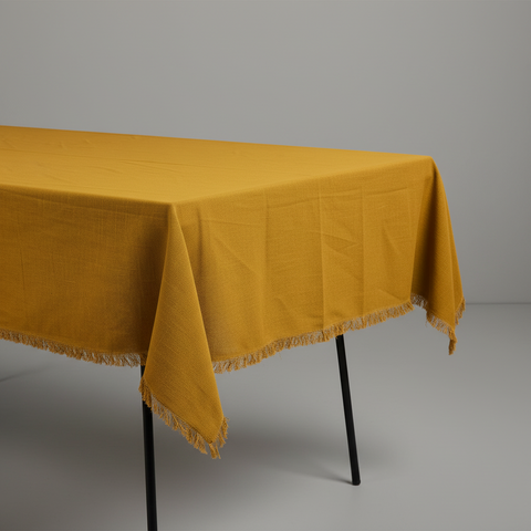 Tovaglia giallo senape con bordo sfrangiato vista angolare