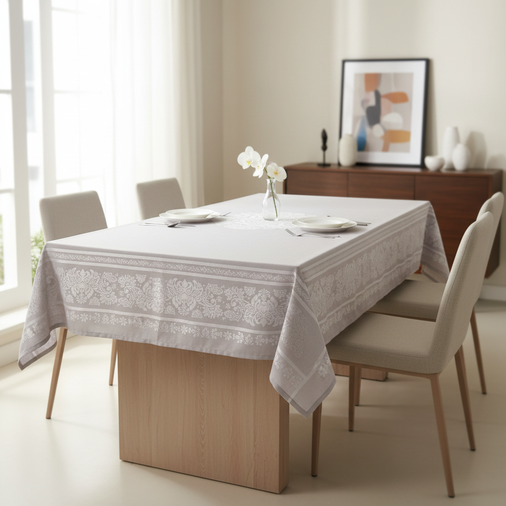 Tovaglia grigio-lilla con ricami ambientata in appartamento