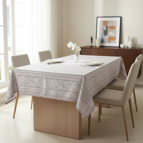 Tovaglia grigio-lilla con ricami ambientata in appartamento