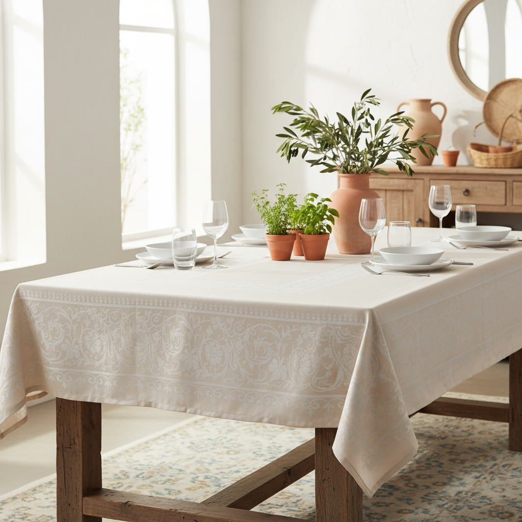 Tovaglia jacquard damascato beige su tavola apparecchiata