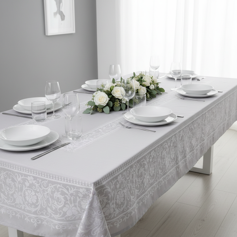 Tovaglia jacquard grigia damascato barocco su tavolo lungo