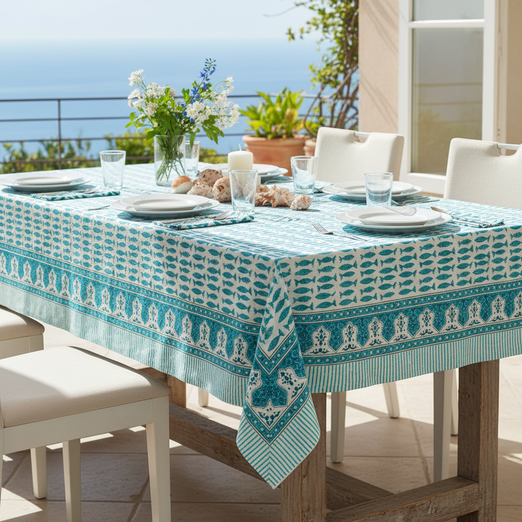 Tovaglia Poissons blu e bianca in ambiente lifestyle
