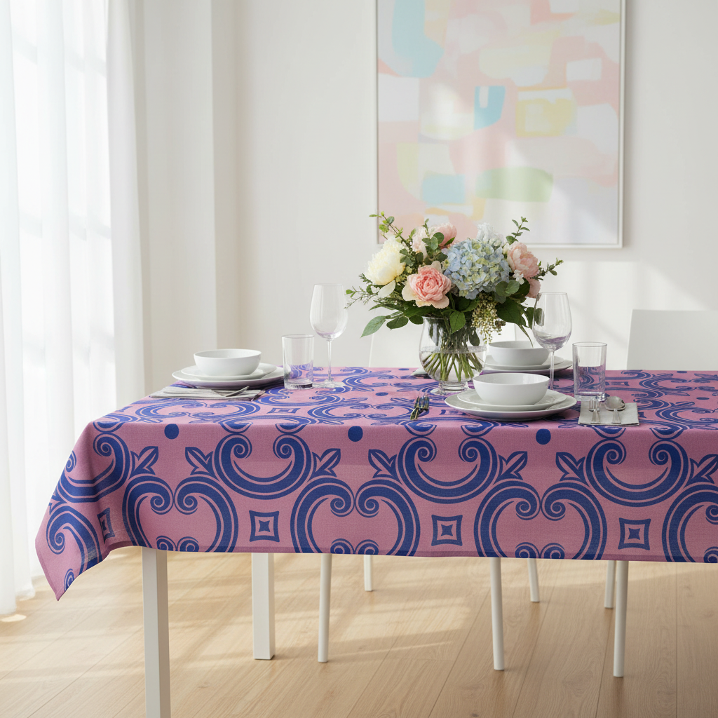Tovaglia rosa con motivo blu ambientata