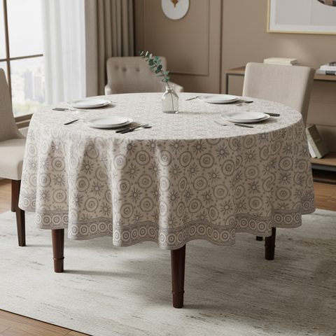 Tovaglia rotonda beige e grigio su tavolo grande in appartamento