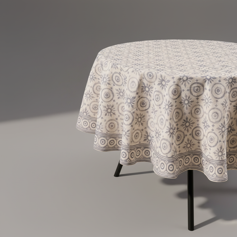 Tovaglia rotonda beige e grigio vista angolare