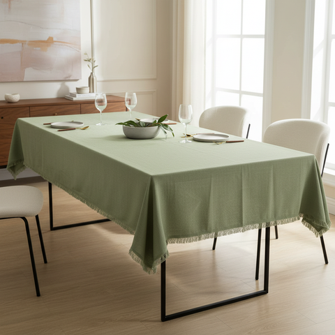 Tovaglia verde salvia con bordo sfrangiato su tavolo rettangolare