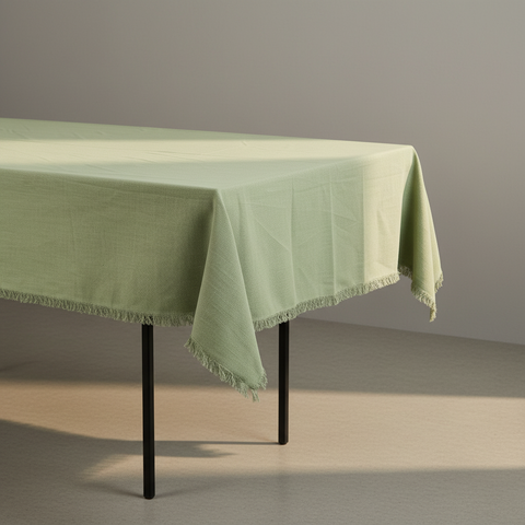 Tovaglia verde salvia con bordo sfrangiato vista angolare
