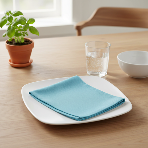 Tovagliolo azzurro turchese ambientato