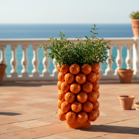 Vaso ceramica bolle arancio su terrazza vista mare