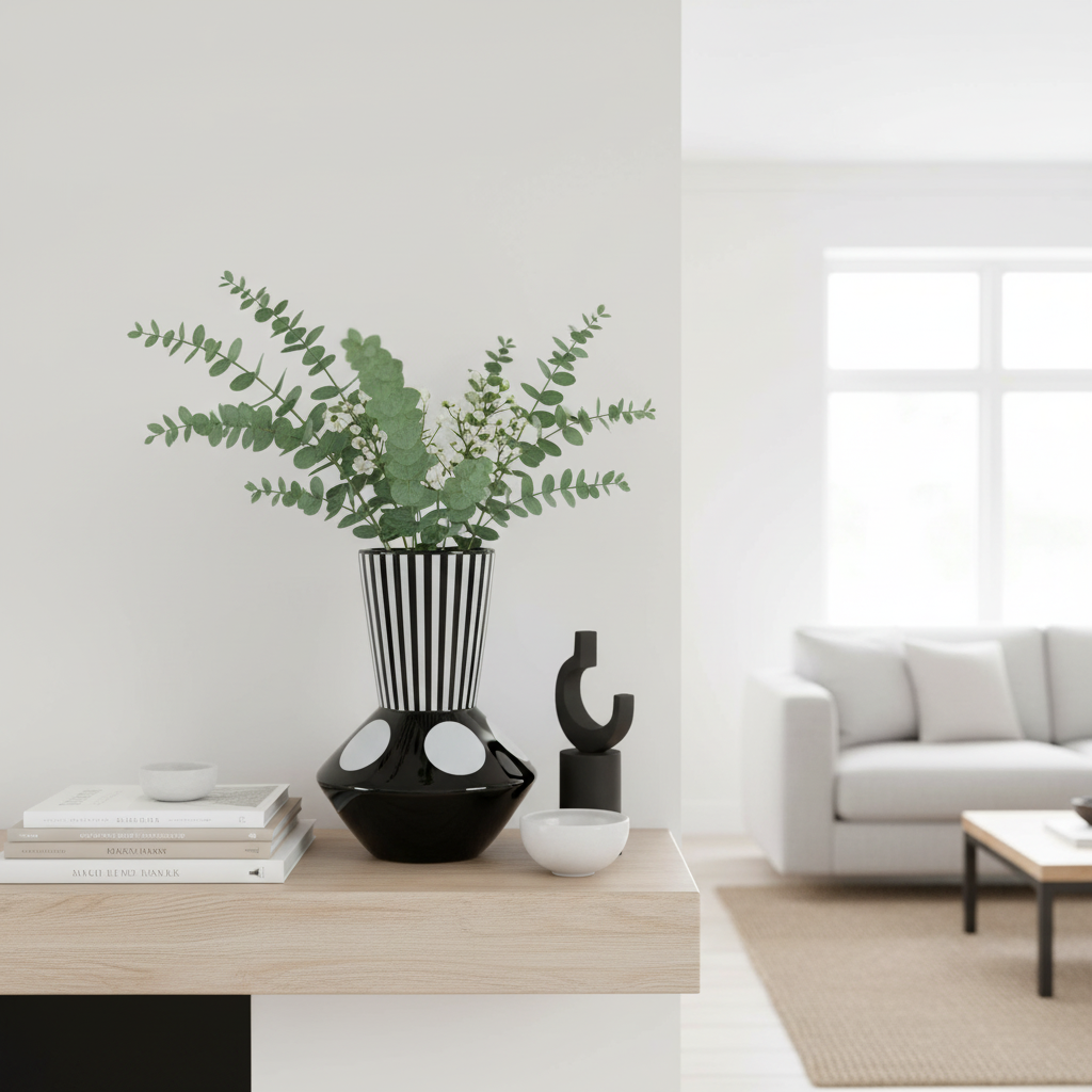 Vaso geometrico bianco e nero in ambiente