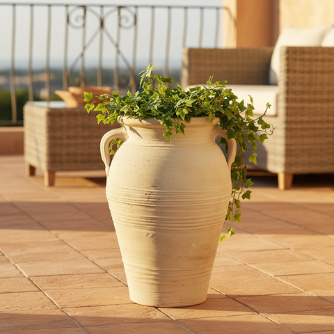 Vaso in terracotta su terrazza con pianta