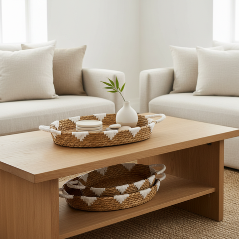 Vassoi seagrass frange bianche - ambientata living