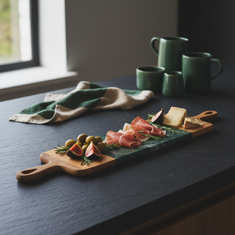 Vassoio legno marmo verde due manici ambientato