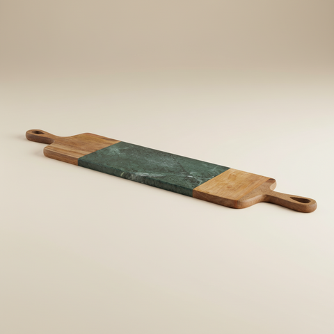 Vassoio legno marmo verde due manici sfondo sweep