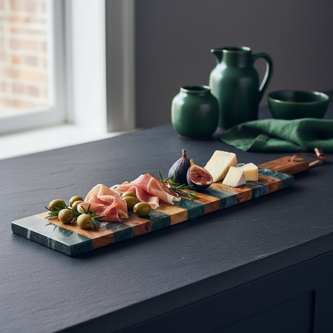 Vassoio marmo verde legno ambientato