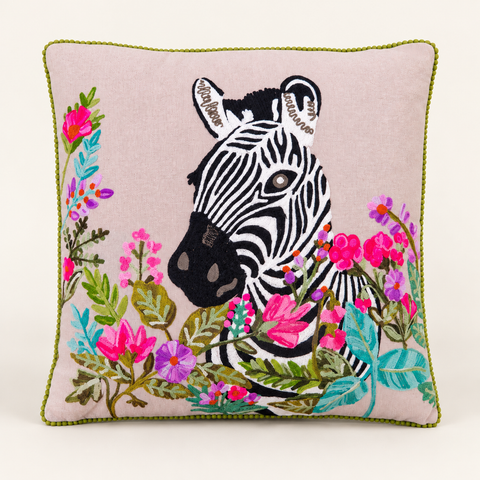 Cuscino Zanzibar Zebra Fiorita su fondo avorio con ombra morbida
