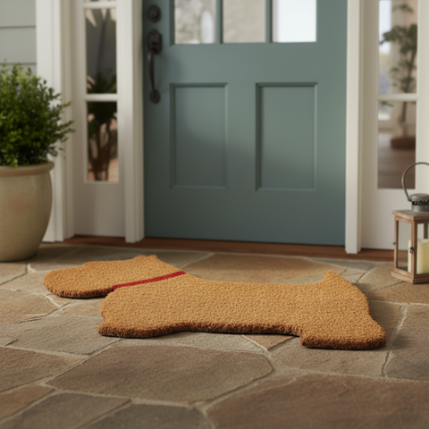 Zerbino a forma di cane Scottish Terrier davanti porta esterna