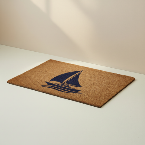 Zerbino con barca a vela su sfondo beige