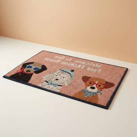 Zerbino Fashion House con tre cani su sfondo beige