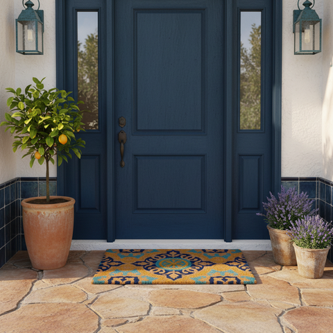 Zerbino mediterraneo blu e arancione davanti porta esterna