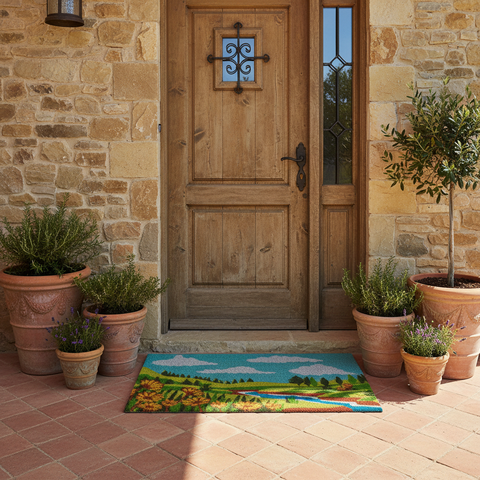Zerbino paesaggio con girasoli davanti porta esterna