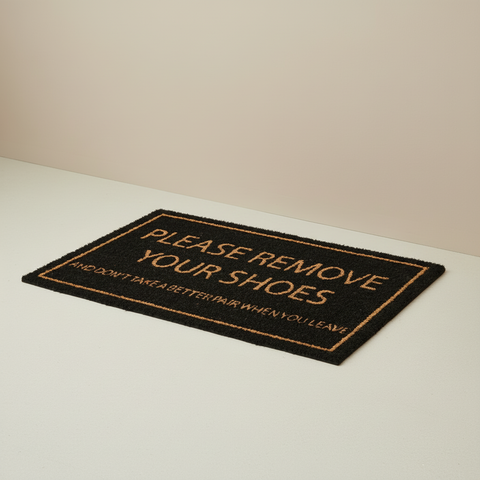 Zerbino Please Remove Your Shoes su sfondo beige