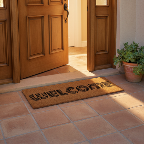 Zerbino Welcome davanti porta in legno con contesto mediterraneo