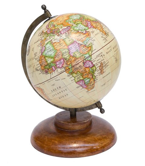 World Map - Beige Globe With Wooden Base