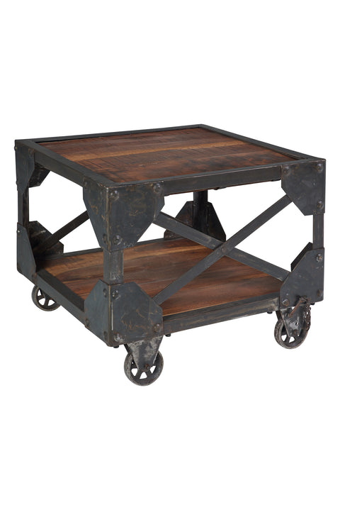 Bristol-square coffee table with reclaimed wood and metal wheels
