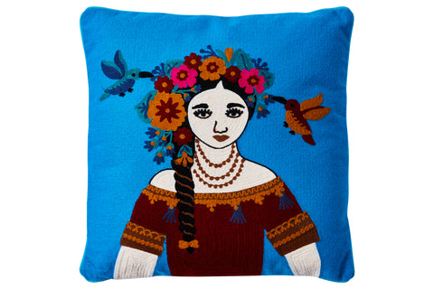 Novita home_CR-129_Embroidery - cuscino blue folk art woman with garland and birds_1