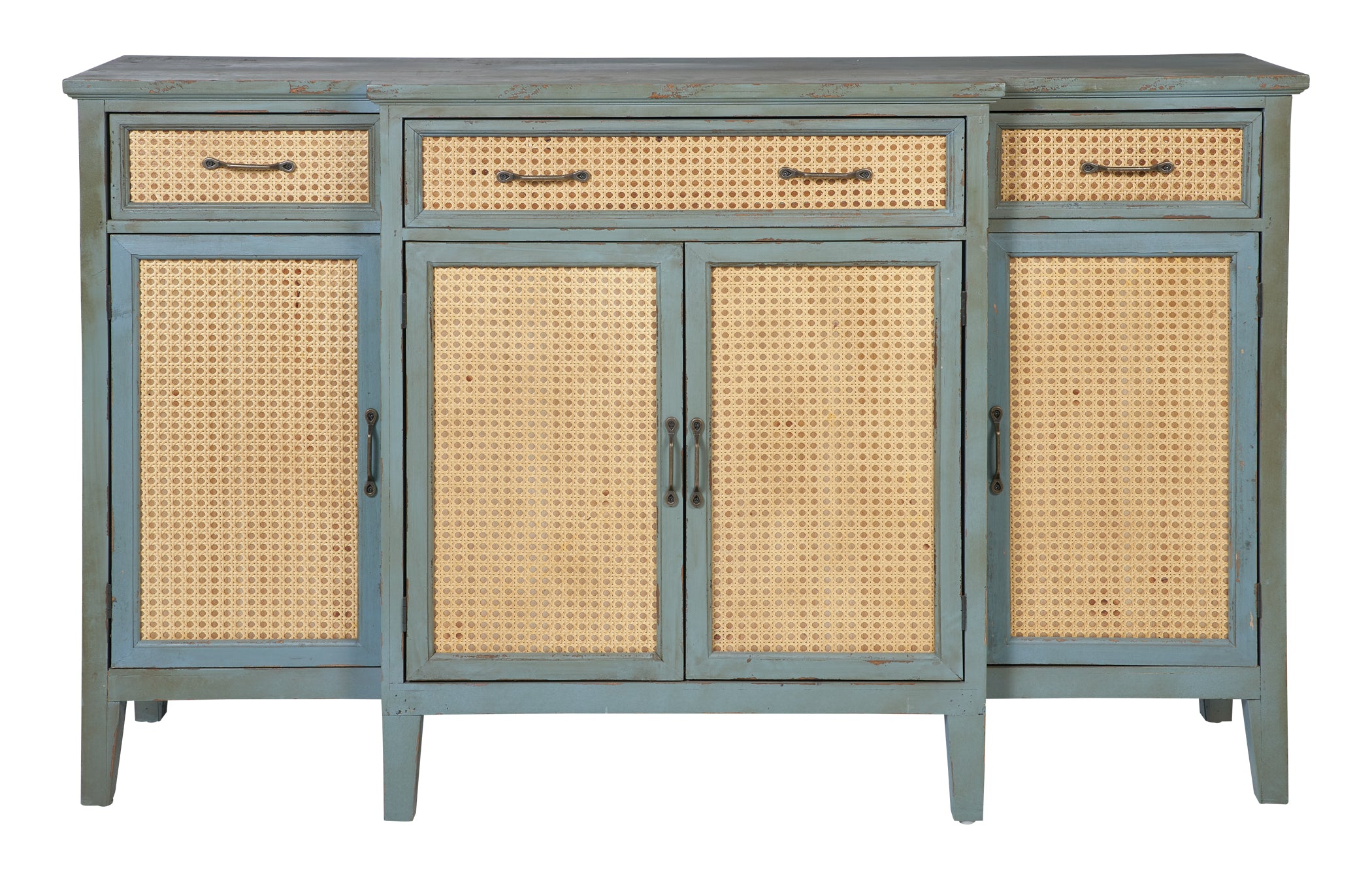 Novità Home Tonia - Credenza Verde Antico - 3 Cassetti 4 Sportelli in Paglia Vienna