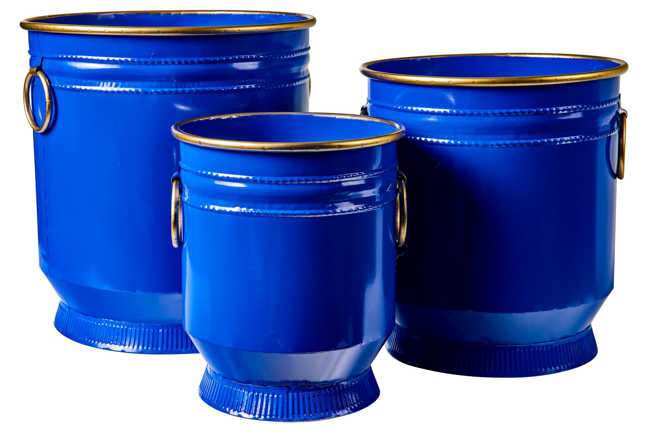 Novità Home Tres Chic - Set 3 Cache-Pot in Ferro Blu Anelli e Bordi Dorati