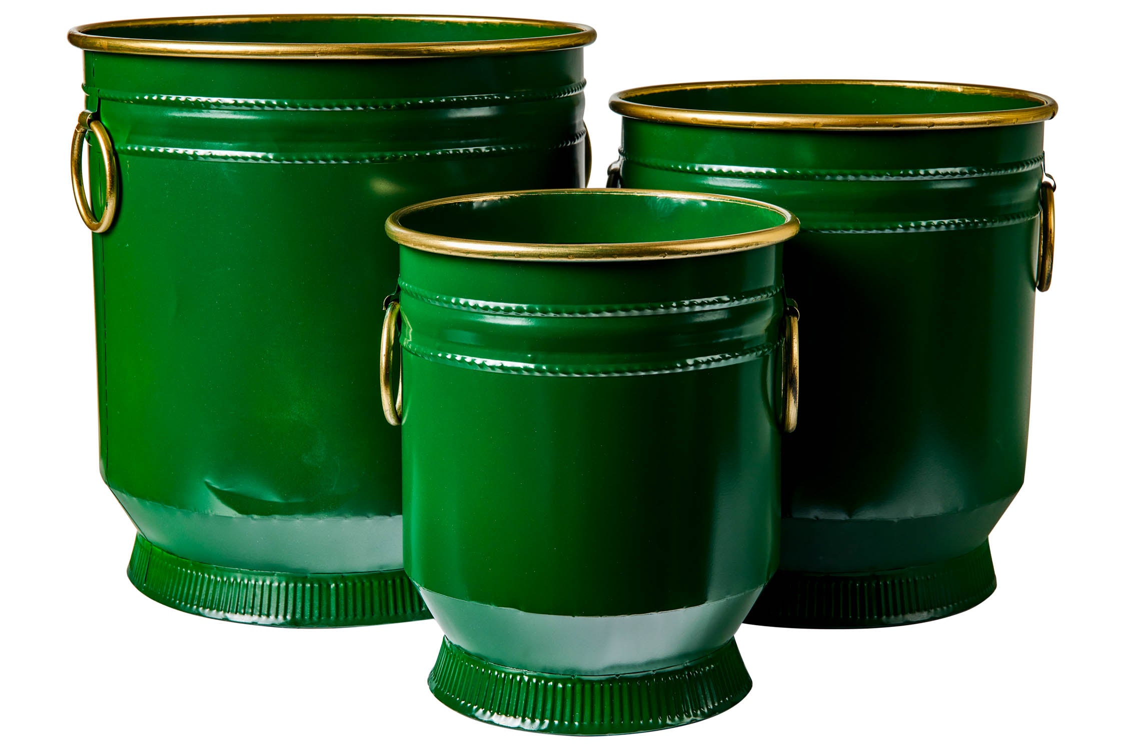 Novità Home Tres Chic - Set 3 Cache-Pot in Ferro Verde Anelli e Bordi Dorati