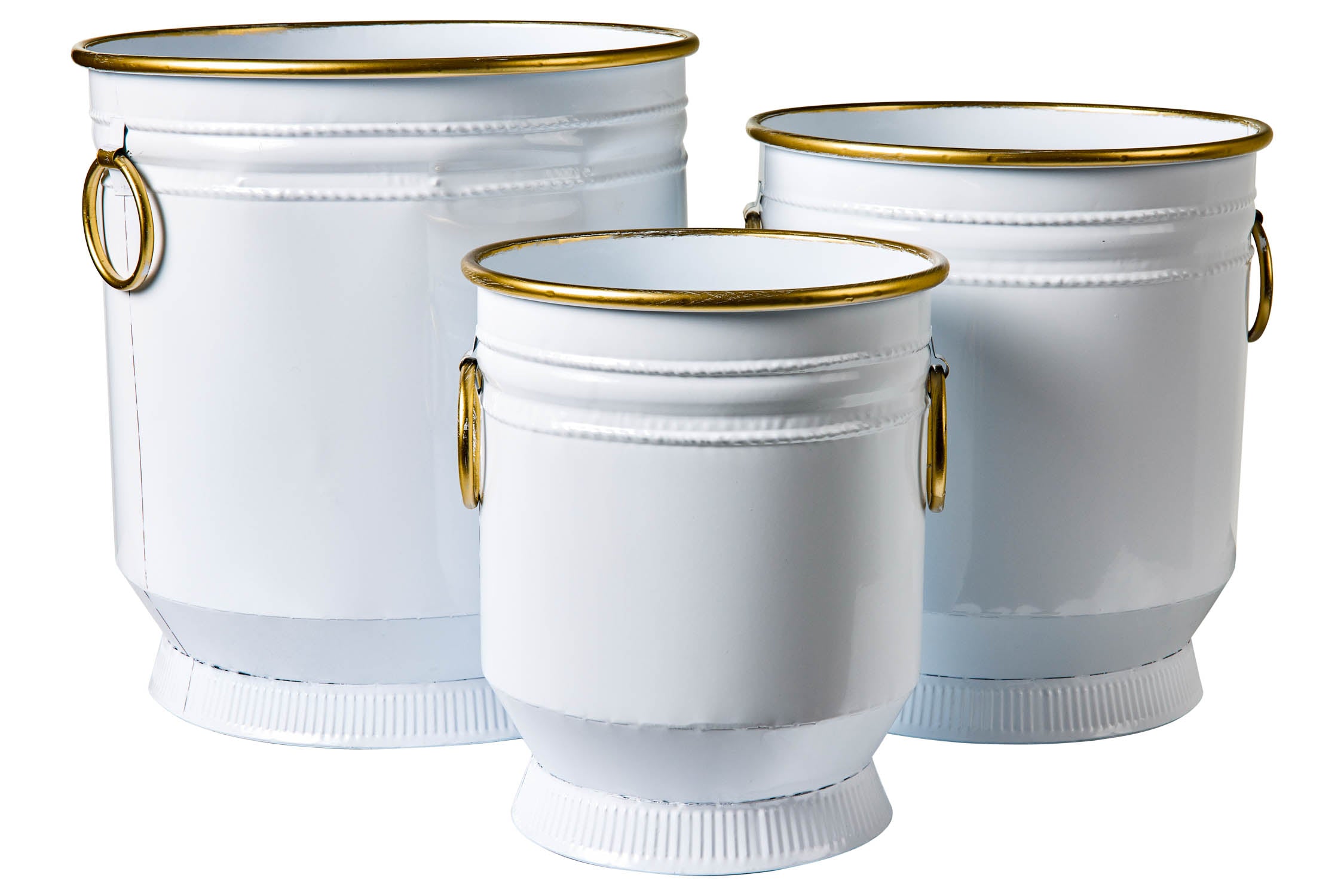 Novità Home Tres Chic - Set 3 Cache-Pot in Ferro Bianco Anelli e Bordi Dorati